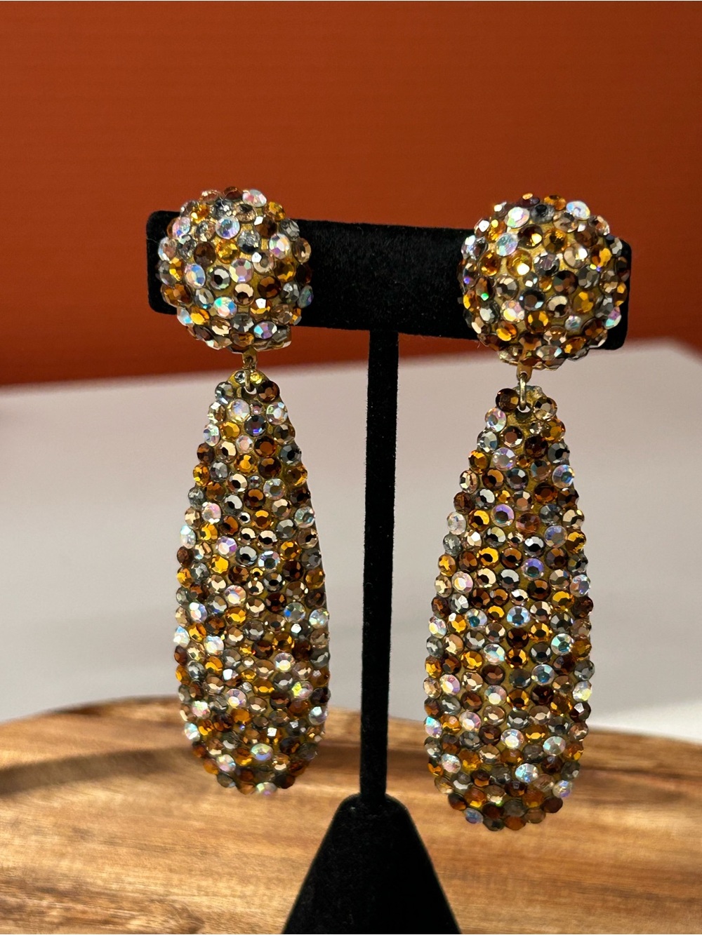 Bellini Vintage Amber Tone Crystal Encrusted Large Drop earrings